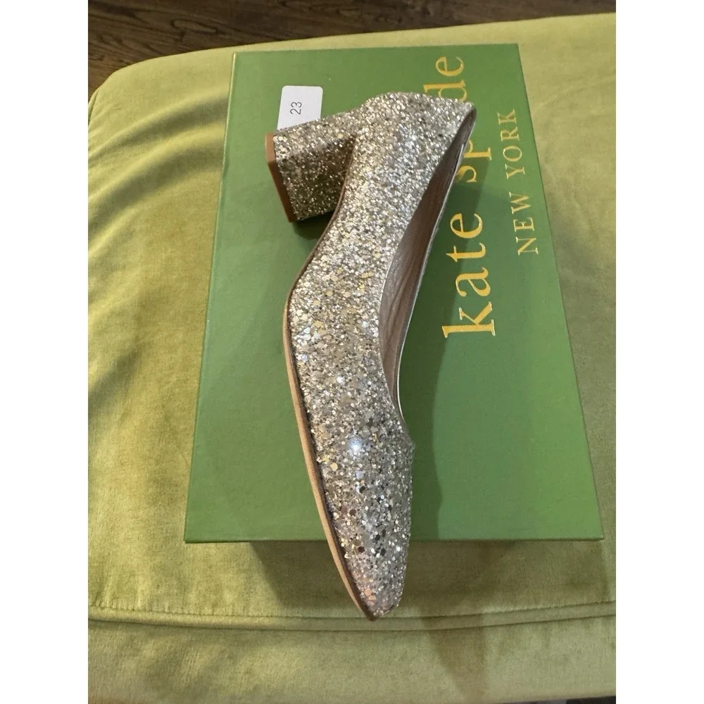 Kate Spade Dolores‎ Silver Gold Glitter Block Heel Pumps Women Size 6 Display